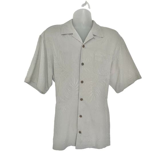 Tommy Bahama Button Down Shirt Size L Light Gray 100% Silk Subtle Leaf Print - Picture 1 of 7